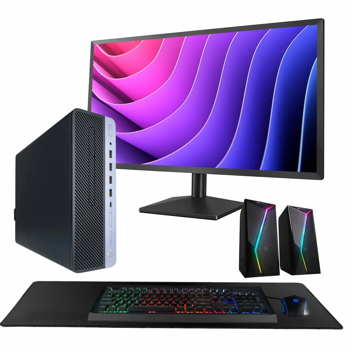 Black and silver HP ProDesk 600 G5 tower with 24 inch monitor, keyboard, mouse and RGB speakers