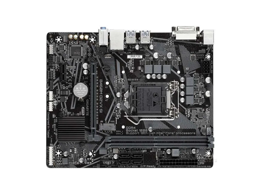 Green micro ATX motherboard with silver LGA 1200 socket, two black DDR4 slots, and grey rear I/O shield