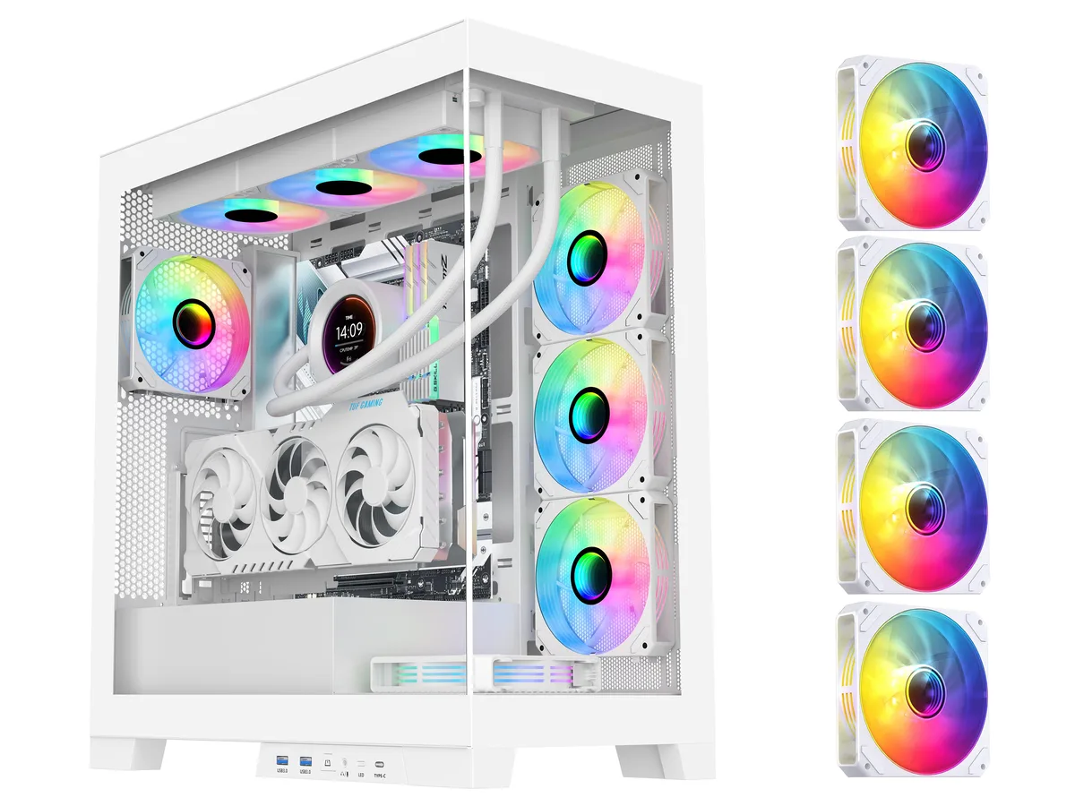White ATX mid-tower case with tempered glass side panel, four pre-installed ARGB fans, top I/O ports