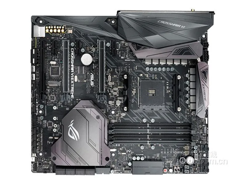 Black E-ATX motherboard with ROG Crosshair VI Extreme branding and AM4 socket visible