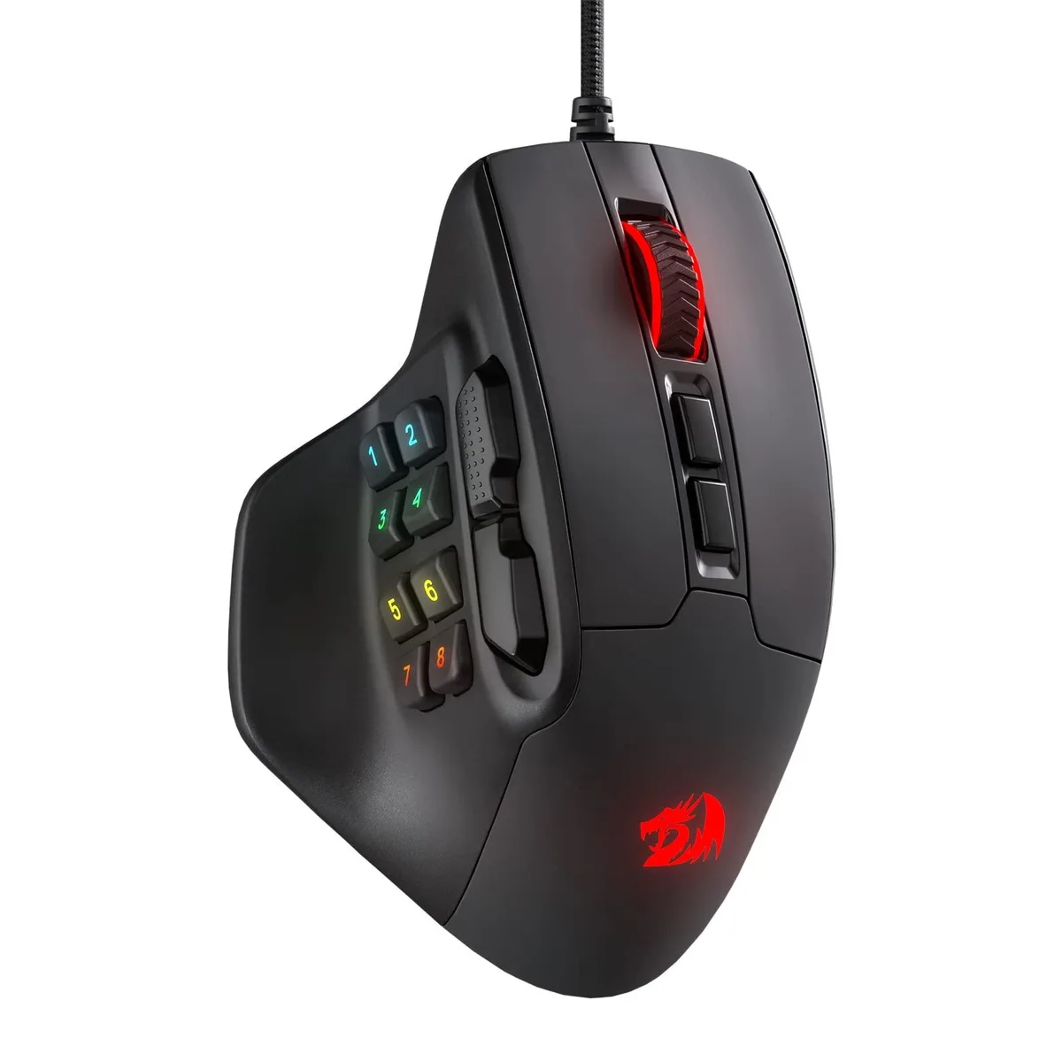 Black right-handed gaming mouse with contoured ergonomic shape, 16 buttons including 10 side macro keys, RGB lighting