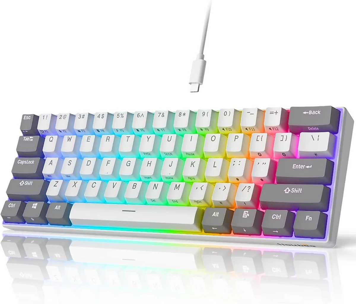Compact 60 percent mechanical keyboard in grey and white with 61 keys and RGB backlighting