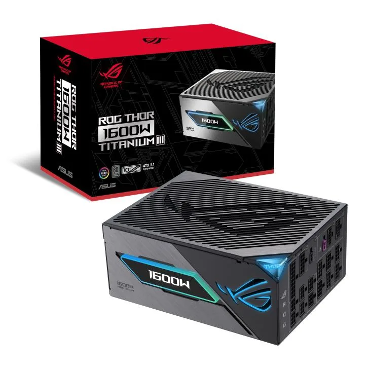 Rectangular black ATX power supply with magnetic OLED display and sleeved cables