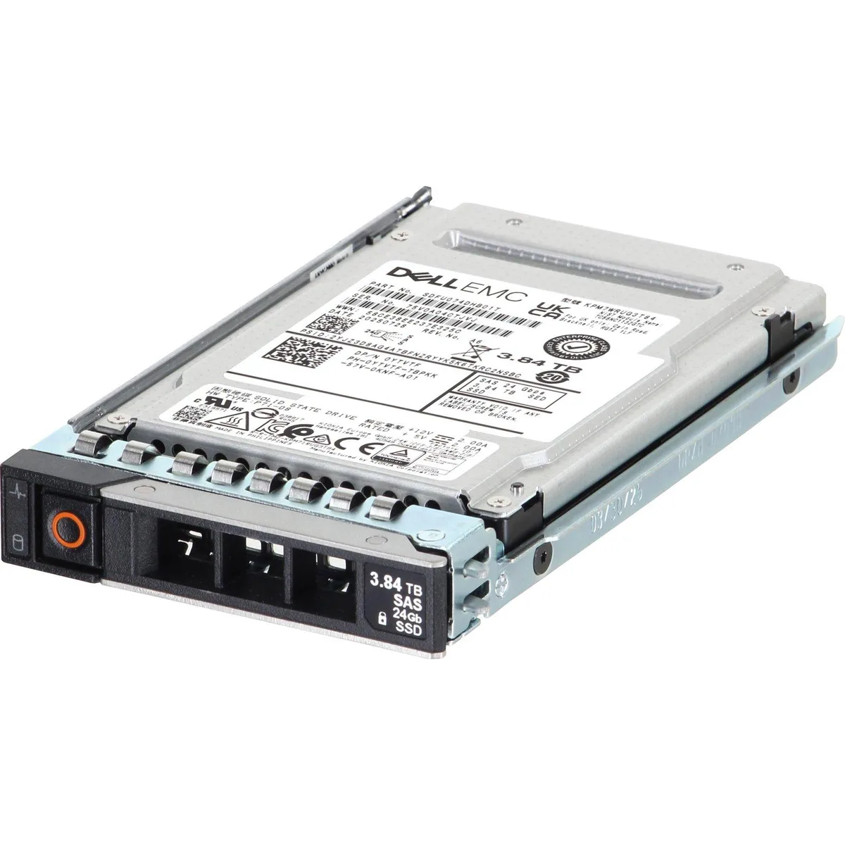 A 2.5 inch Dell enterprise SSD with a silver metal casing