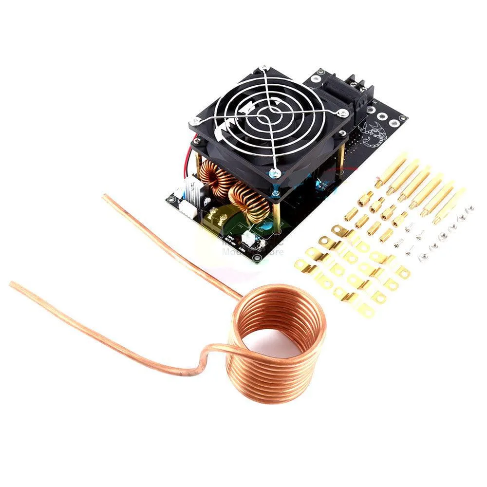 Green circuit board with silver heatsink and black cooling fan, exposed components and terminal blocks