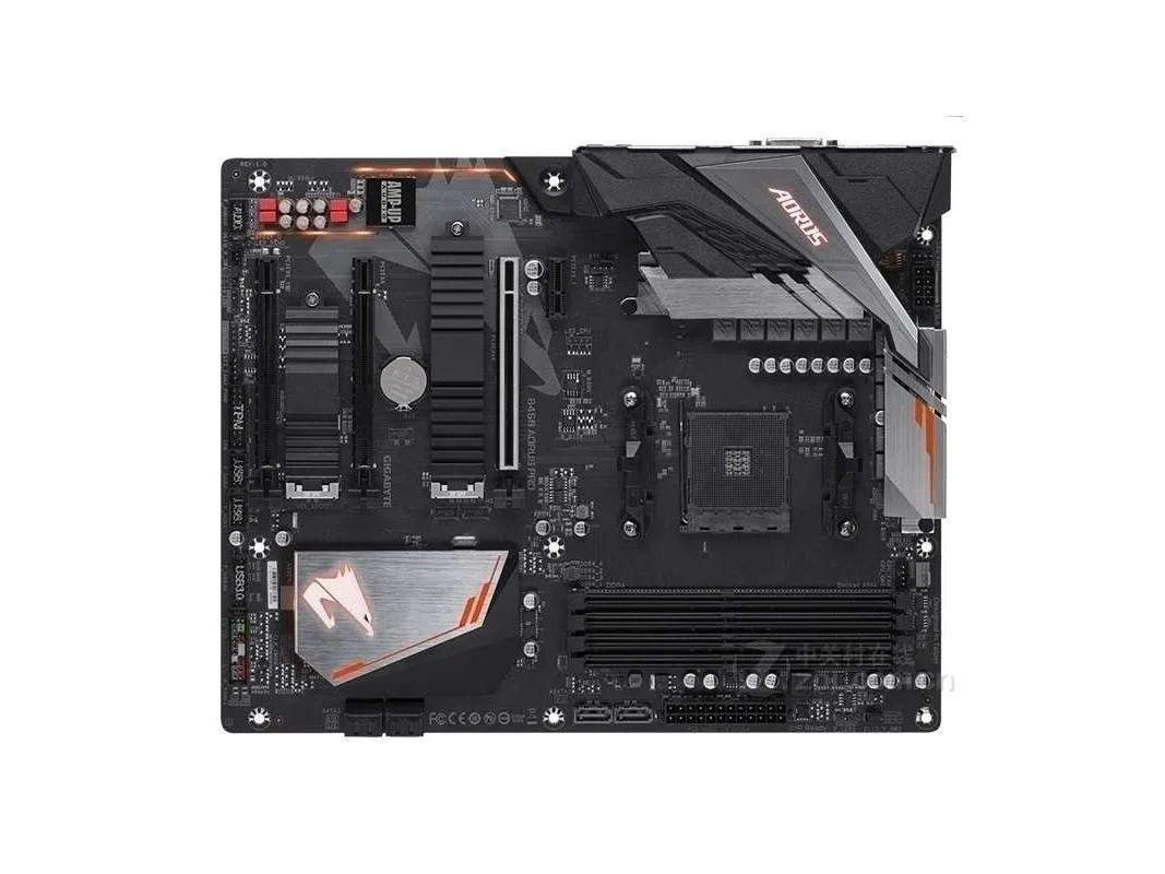 ATX motherboard with black PCB, silver heatsinks, four DDR4 slots, one PCIe x16 slot, rear I/O shield included