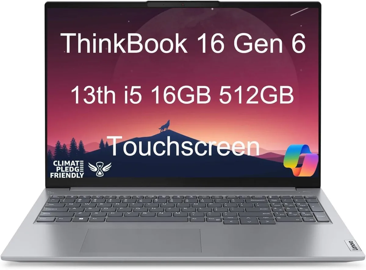 Grey 16-inch touchscreen laptop with thin bezels and matte finish