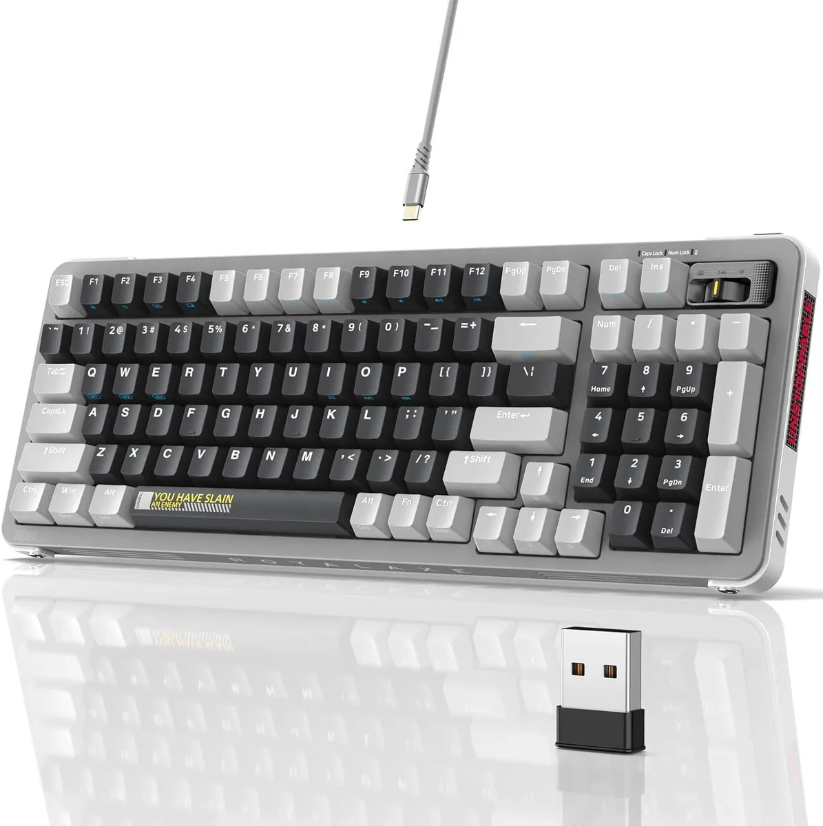 Grey 98-key wireless mechanical keyboard with coiled aviator cable and PBT keycaps