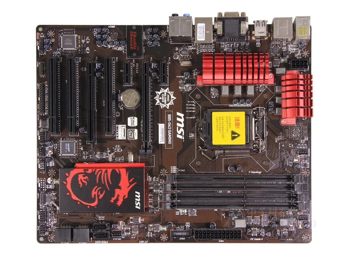 ATX motherboard black PCB red accents LGA 1150 socket four DDR3 slots multiple PCIe PCI slots rear I/O shield