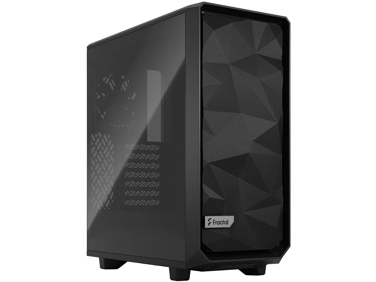 Black steel mid-tower case with light-tinted tempered glass side panel and mesh front