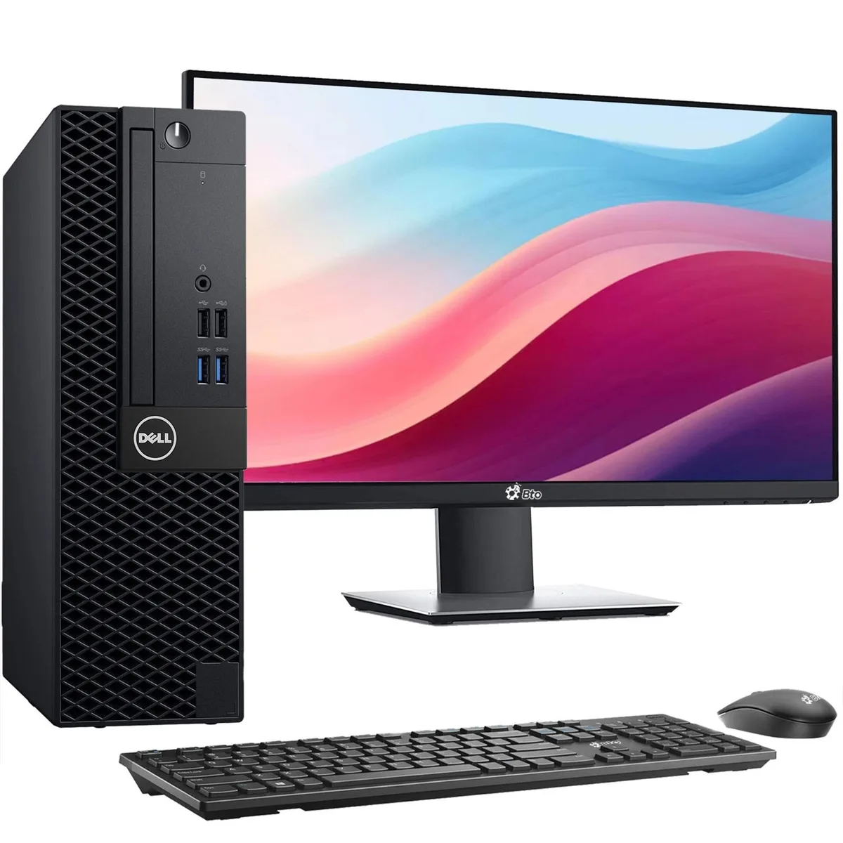 Small black Dell OptiPlex 5040 SFF tower beside 24 inch monitor