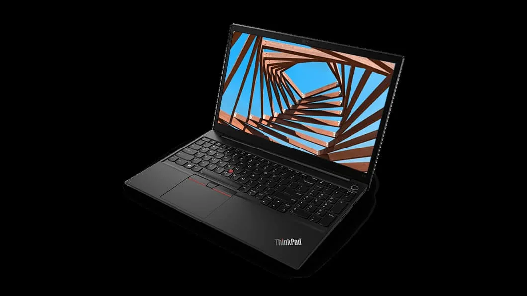 Black ThinkPad E15 Gen2 laptop closed showing matte finish and red TrackPoint nub
