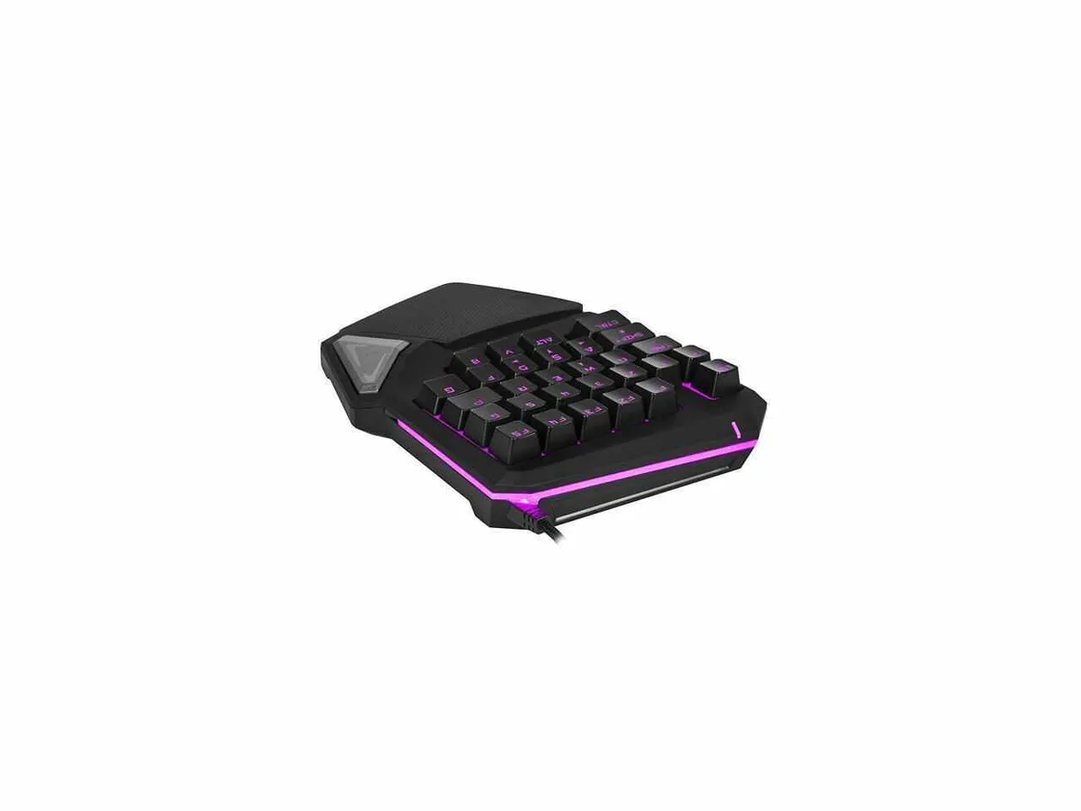 Compact black one-hand gaming keyboard with 7-color LED backlighting and USB cable