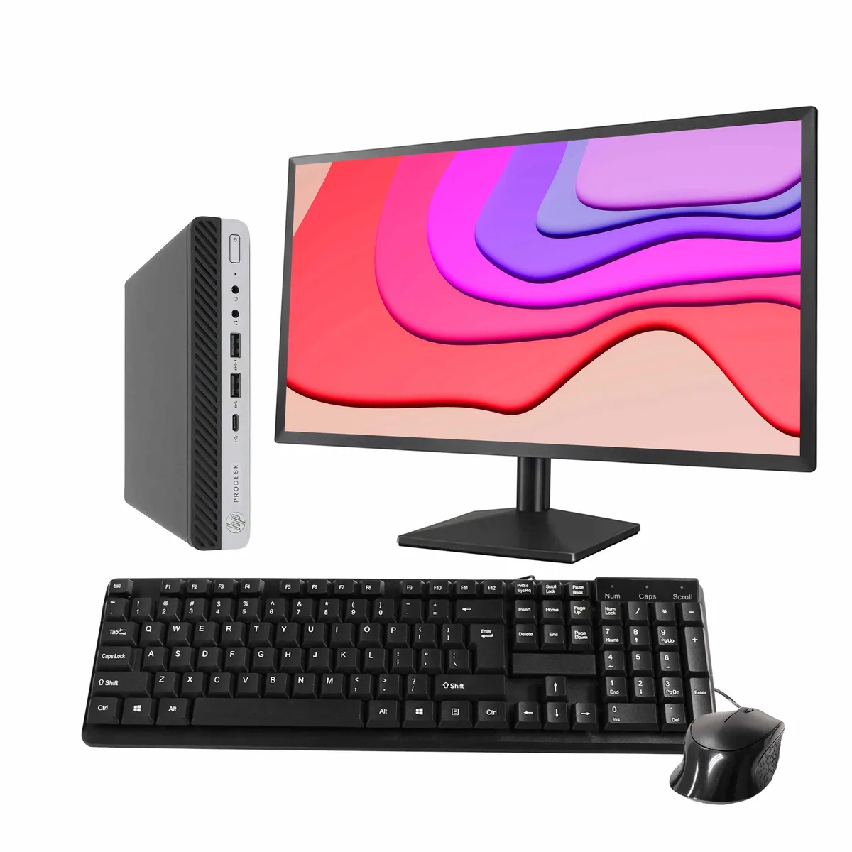 Black Dell OptiPlex 3060 Mini PC with 24 inch monitor keyboard and mouse