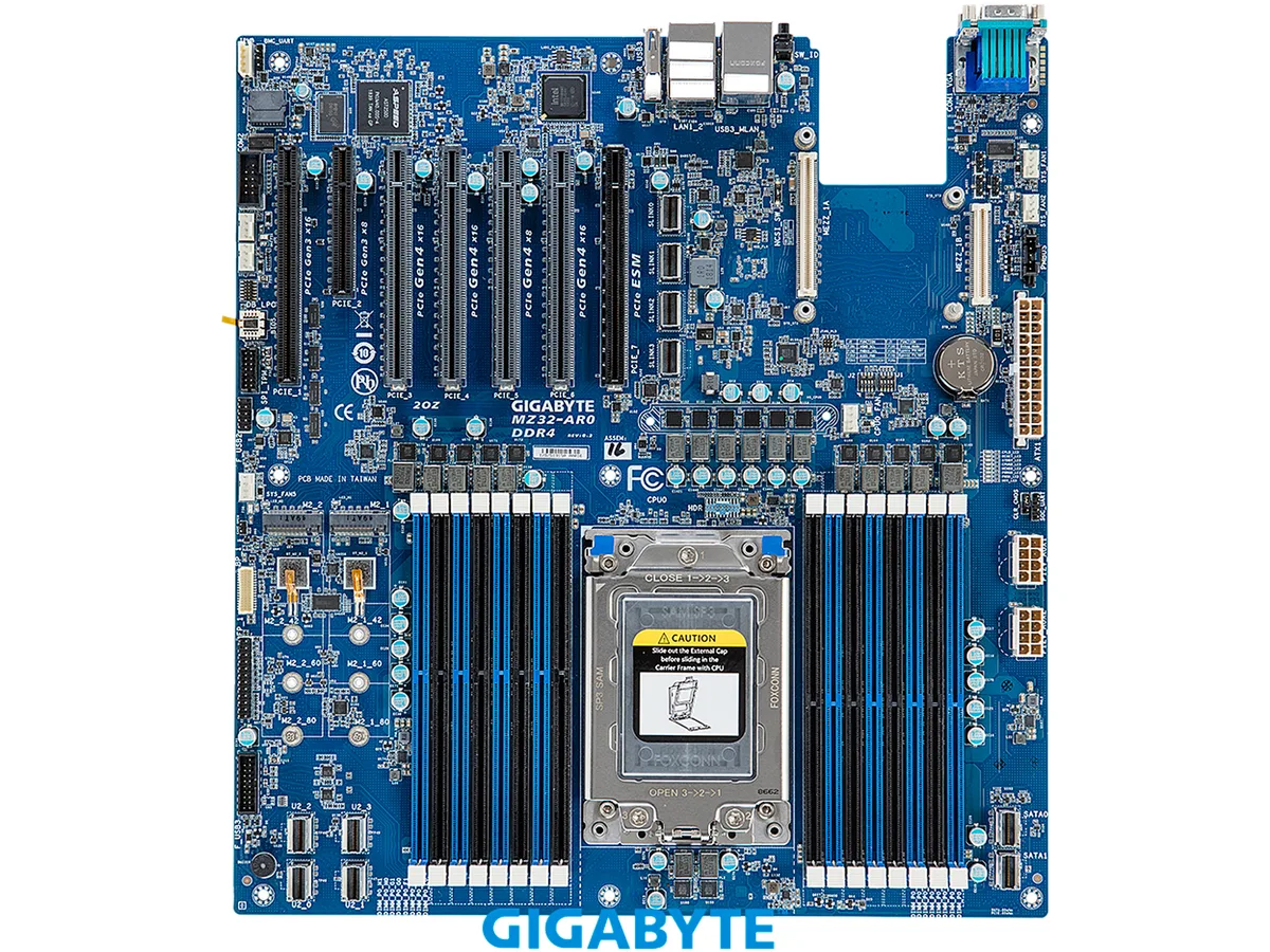 Green rectangular server motherboard with sixteen DDR4 slots, multiple PCIe slots, SlimSAS connectors and rear I/O panel