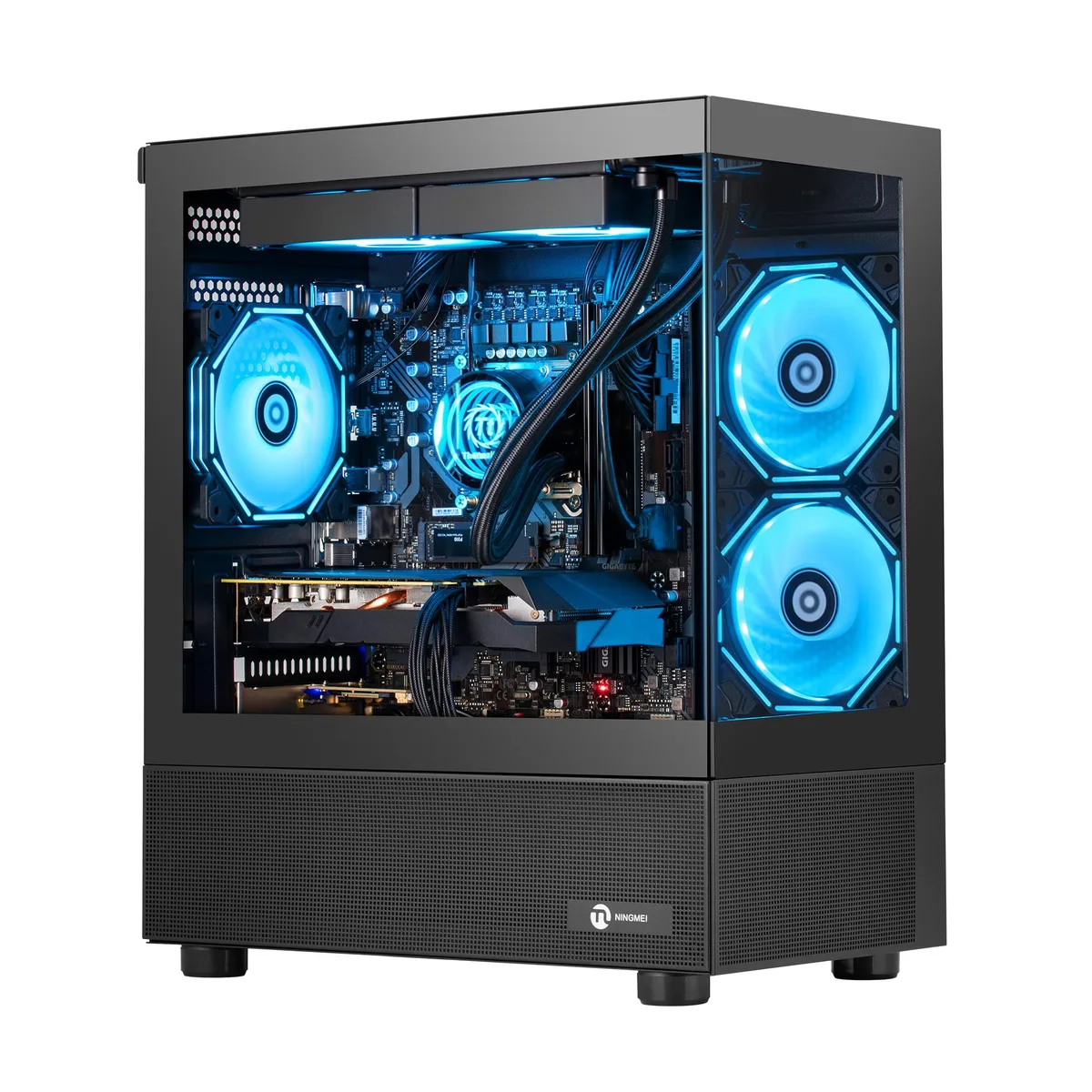 Black mid-tower gaming desktop with ARGB liquid cooler and four ring fans