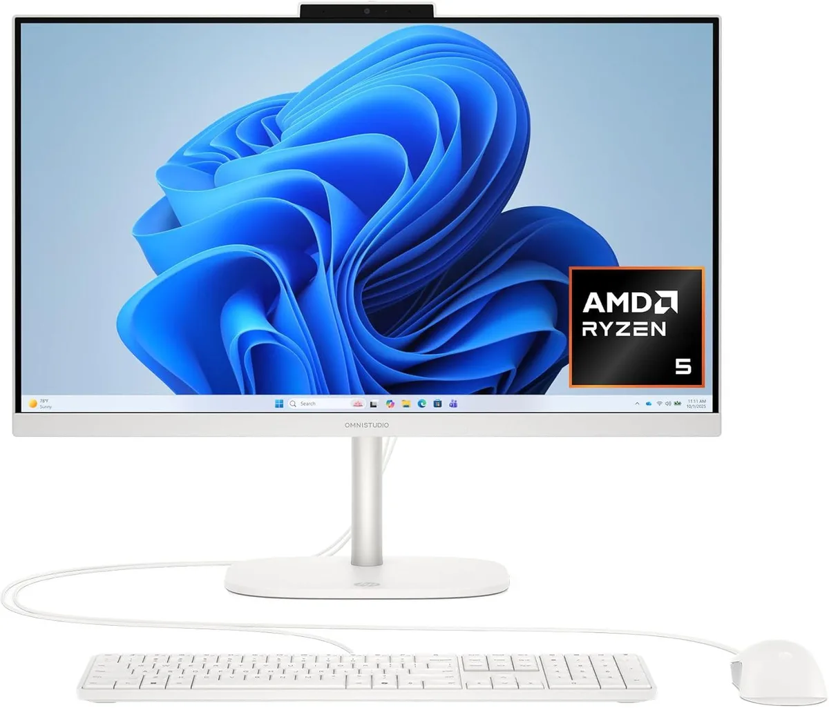 White 23.8 inch all-in-one desktop with slim display and matching stand