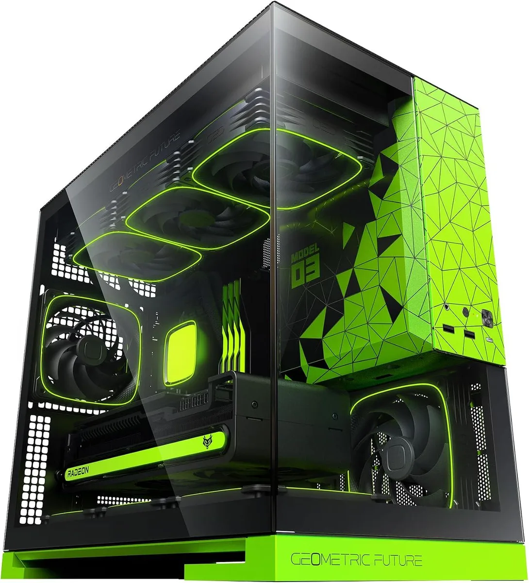 Black and green Micro-ATX tower with dual panoramic tempered glass panels, five 120mm 30mm-thick ARGB fans visible inside