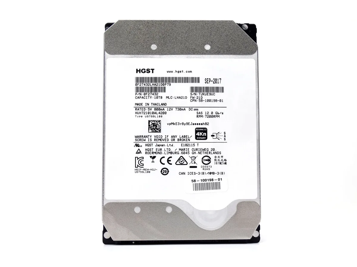 Silver 3.5-inch HGST Ultrastar He10 hard drive with SAS connector