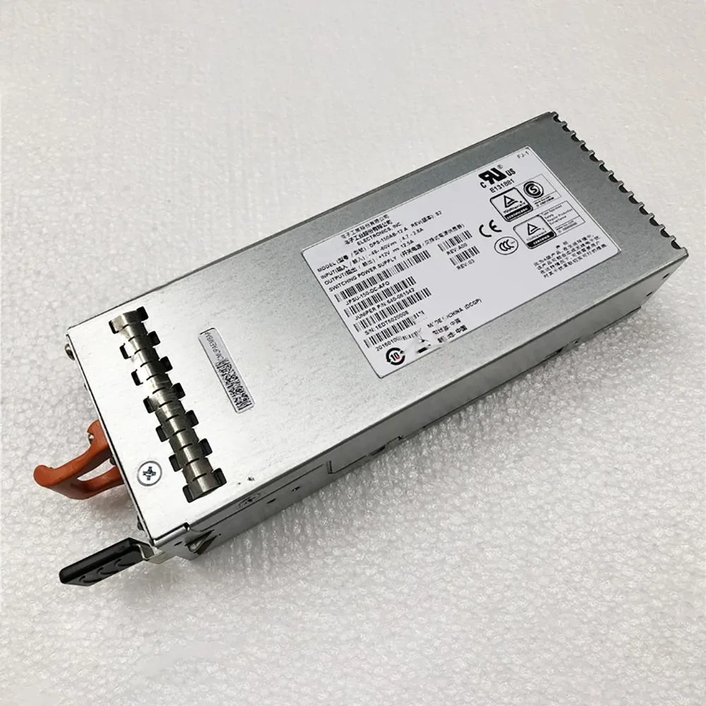 Rectangular silver metal power supply unit with ventilation grille and label showing model numbers