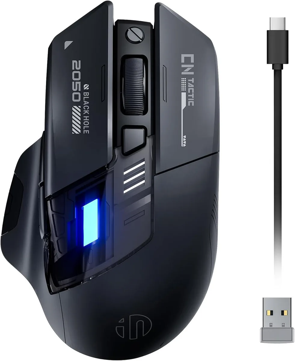 Black right-handed gaming mouse with transparent RGB light column, matte finish, three battery indicator LEDs, six buttons