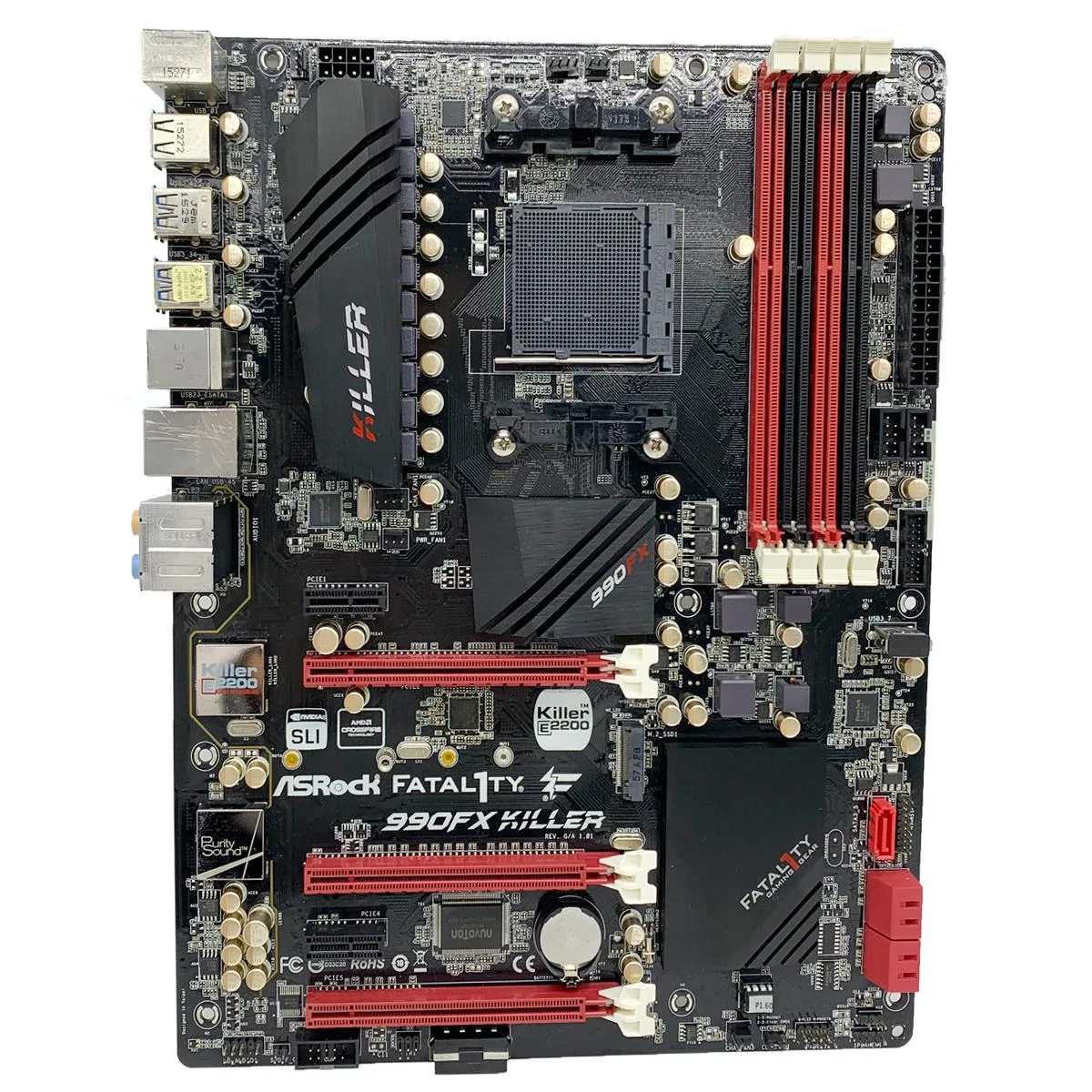 Black ATX motherboard with gold capacitors and black expansion slots