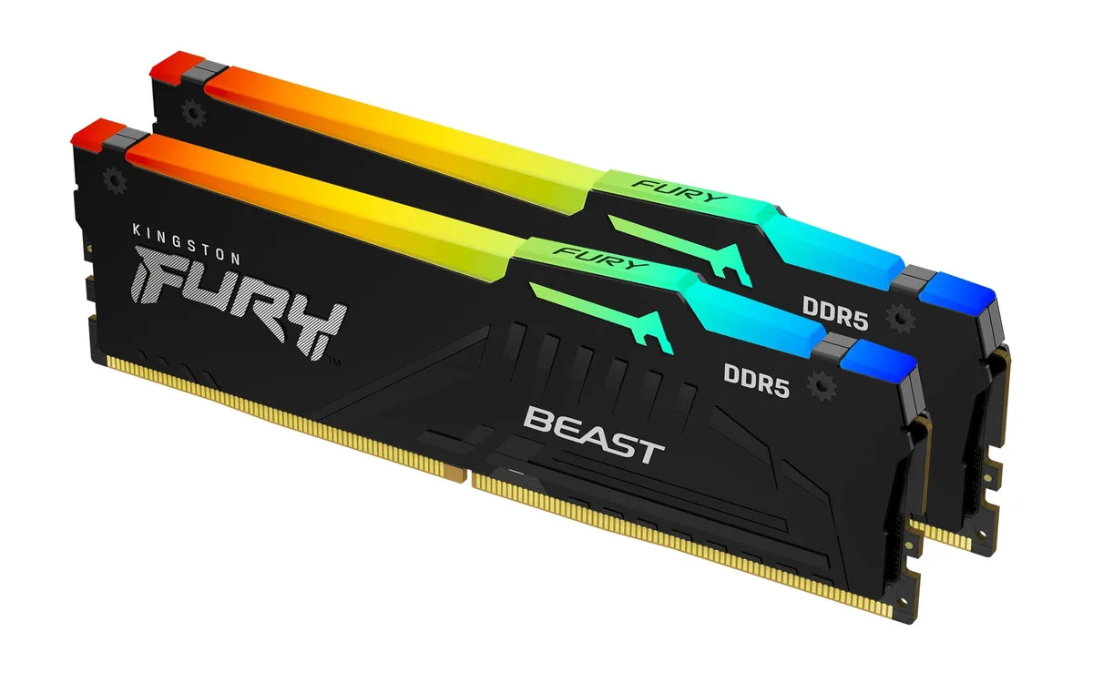 Two black DDR5 memory sticks with RGB lighting, 64GB kit