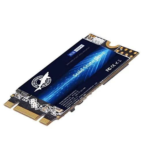 Small green circuit board M.2 2242 SATA SSD with black chips and gold edge connector