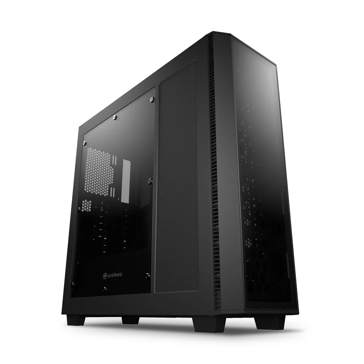 Black full-tower steel case with tempered-glass side panel and RGB lighting