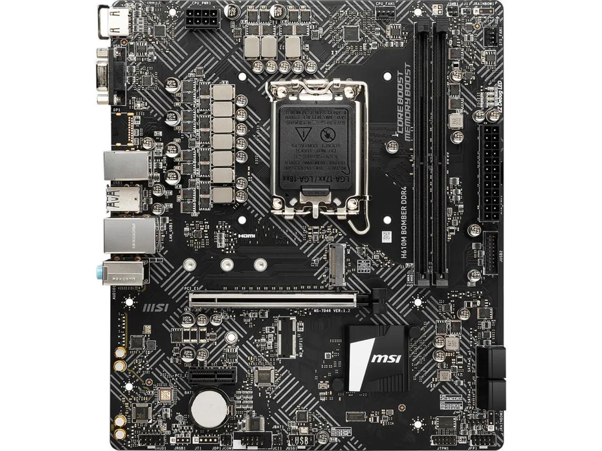 Micro-ATX motherboard with black PCB, silver heatsinks, and reinforced PCIe slot