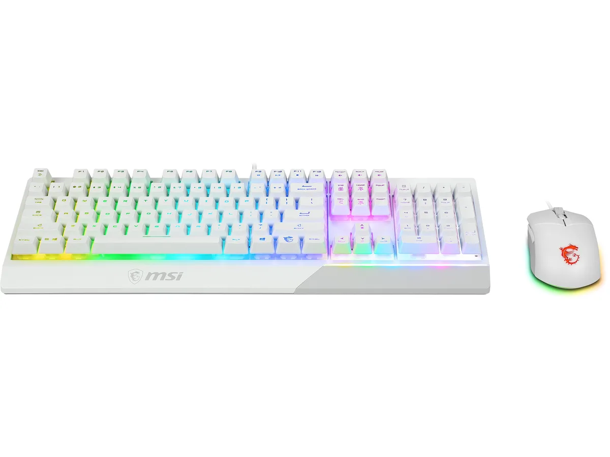 White full-size keyboard with floating keys and matching ergonomic mouse, both RGB backlit