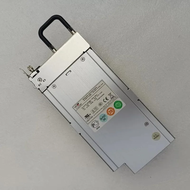 Rectangular ATX power supply unit with metal casing and rear fan grille