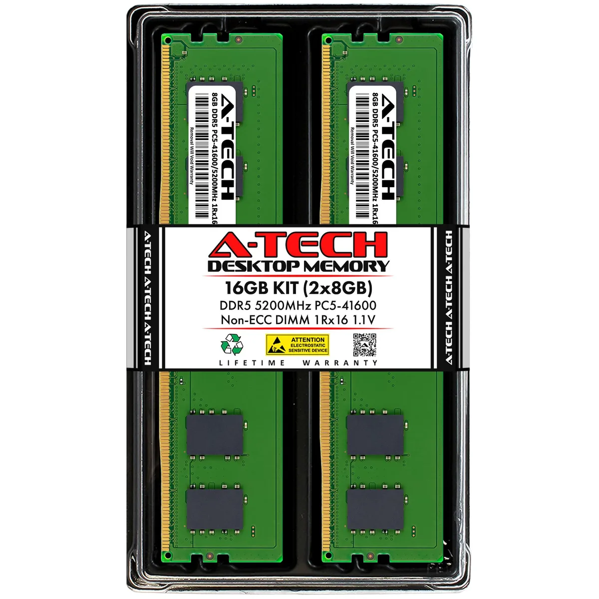 Two green and black DDR5 DIMM modules, 288-pin, no heat spreader