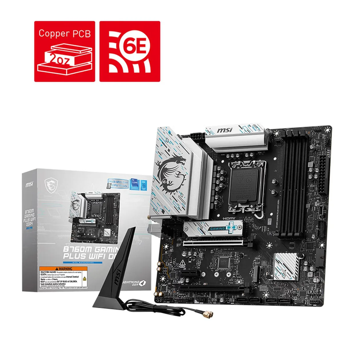 MSI B760M GAMING PLUS WIFI DDR4 motherboard, black PCB with silver heatsinks and Wi-Fi antenna ports