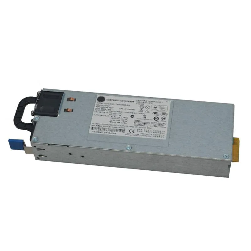 Rectangular metal power supply unit with ventilation grille and part labels