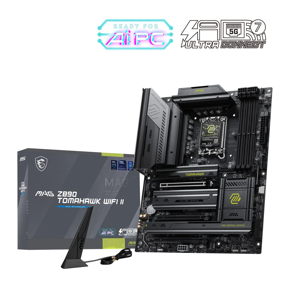ATX motherboard with dark heatsinks and silver accents
