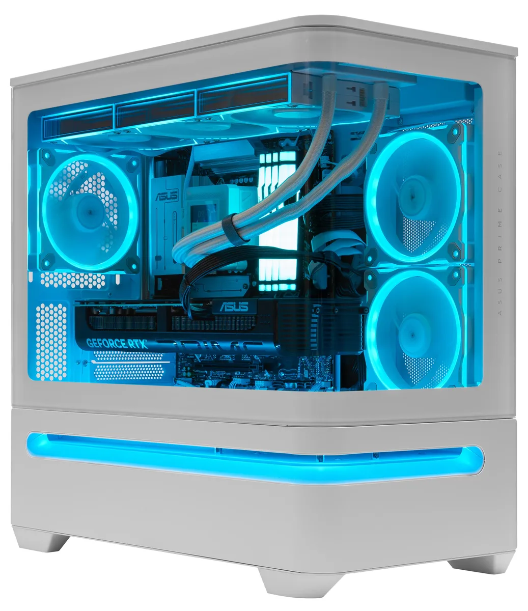 White mid-tower desktop with 360mm liquid cooler LCD and RGB lighting
