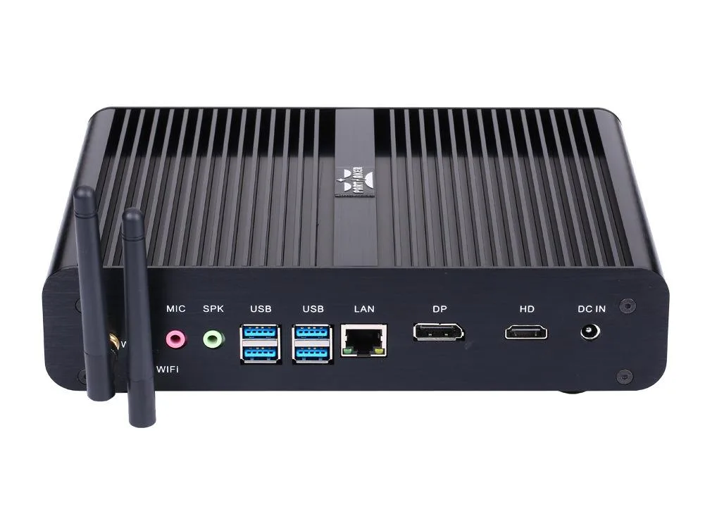 Black fanless aluminium mini PC with vertical stand and Wi-Fi antennas