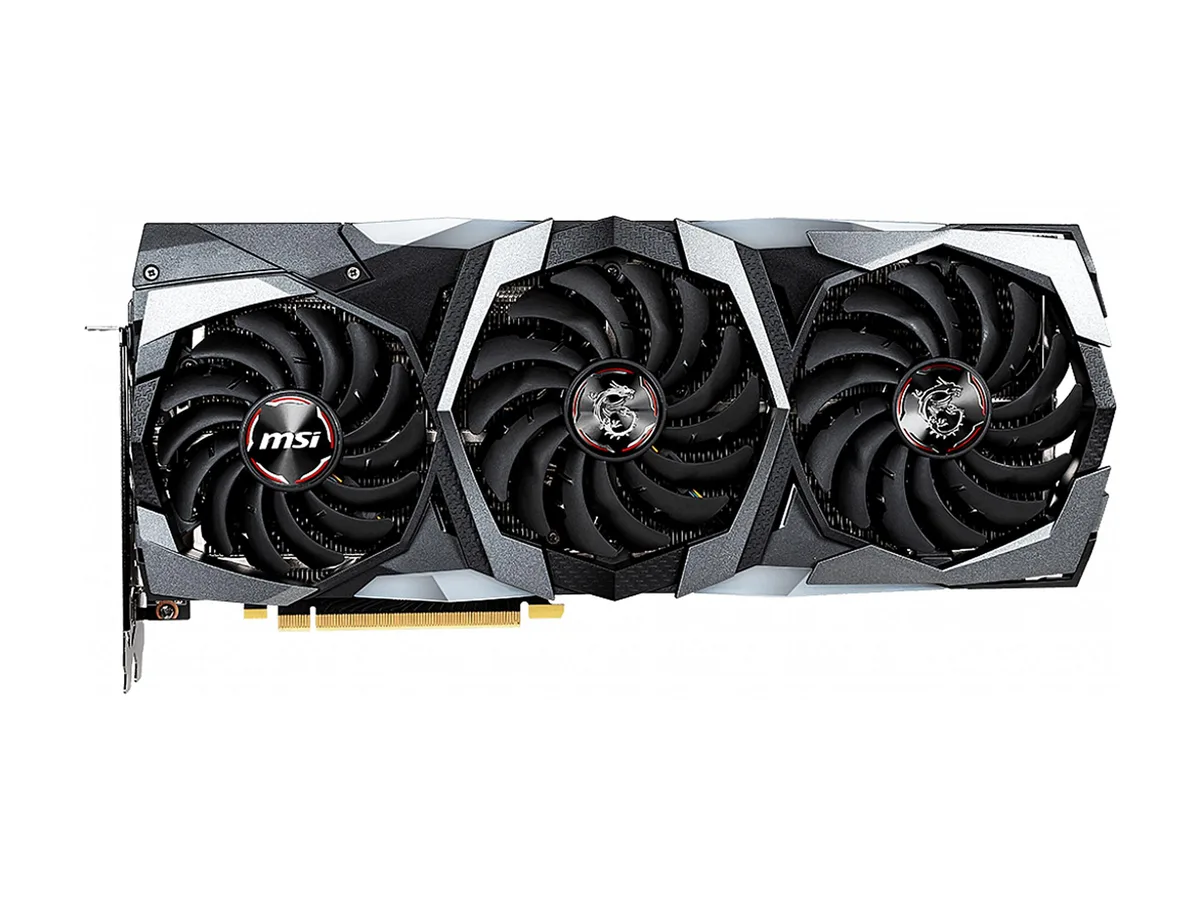 Full-length triple-fan graphics card, matte black shroud with silver accents, backplate visible