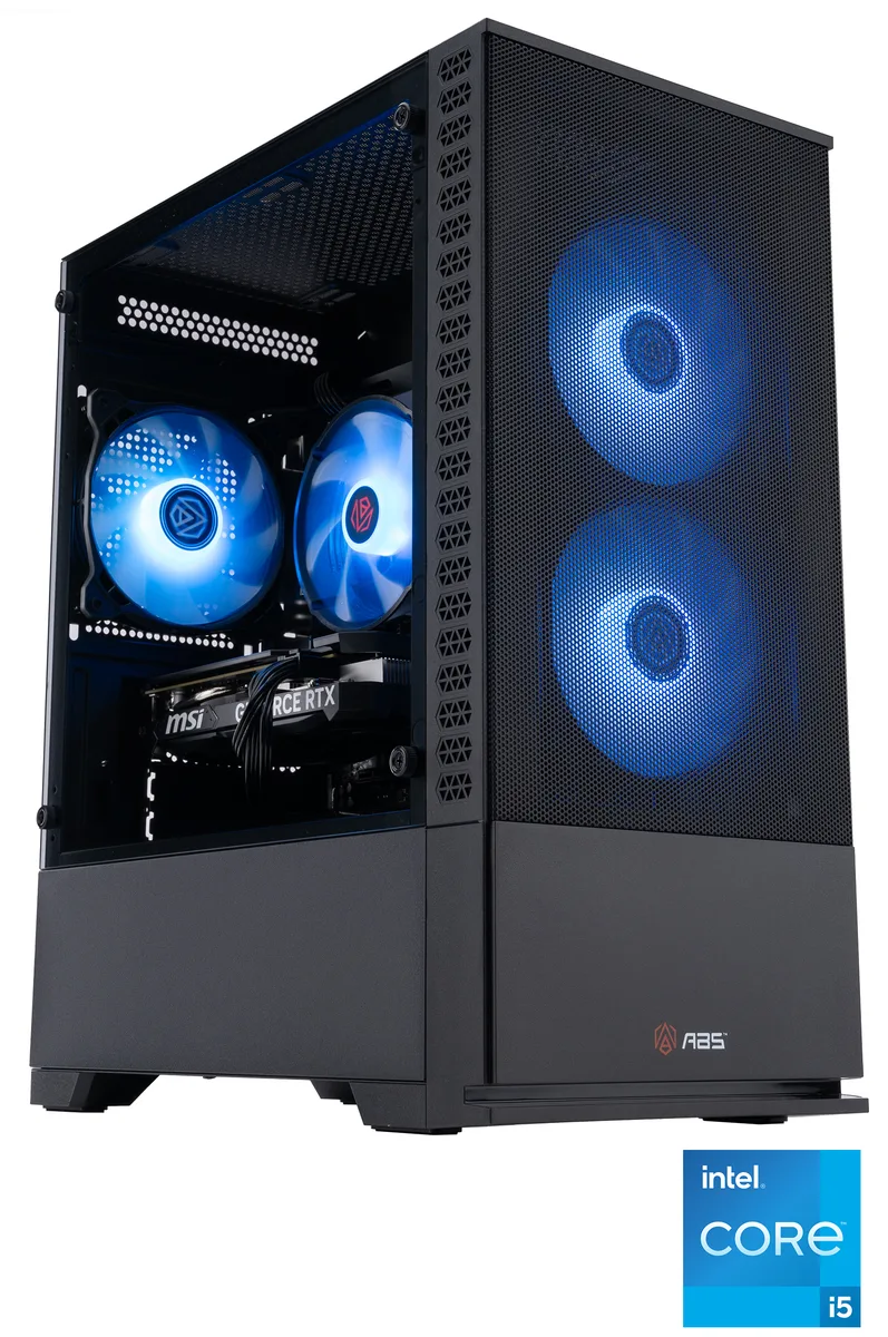 Black mid-tower gaming desktop with RGB air cooler visible through side panel