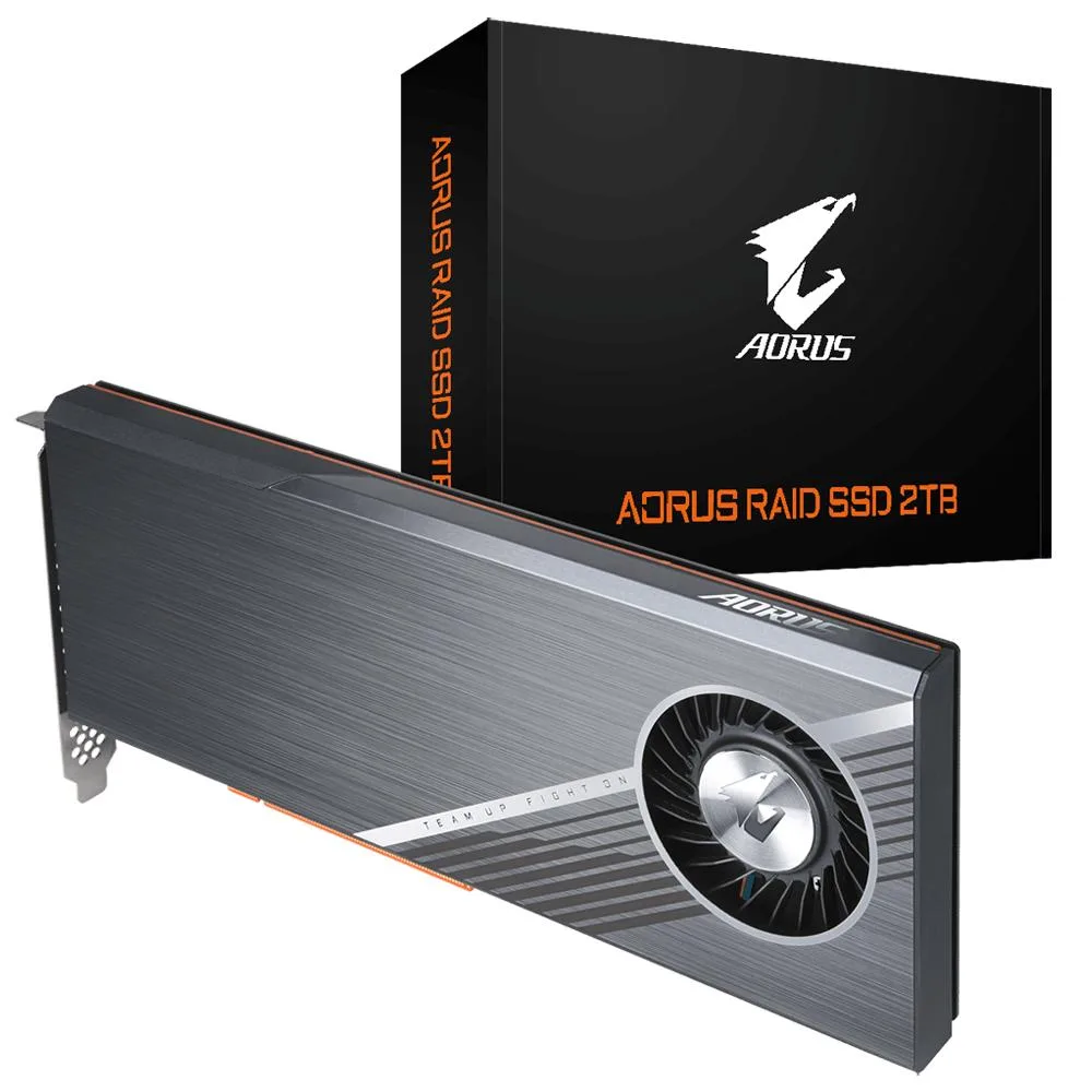 Full-length PCIe add-in card with black metal heatsink and AORUS branding