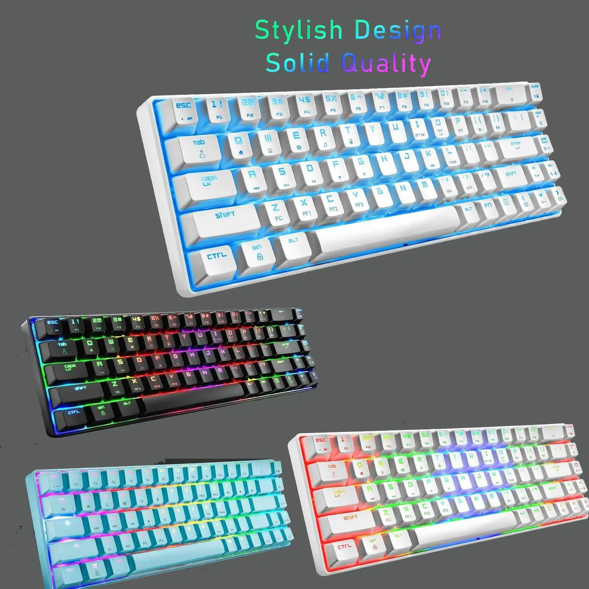 Compact white 68-key mechanical keyboard with RGB backlighting, blue switches, and a coiled USB-C cable