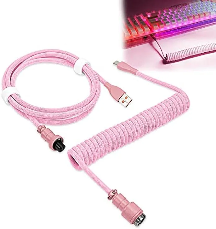 Pink coiled USB-C cable with metal aviator connector and dual braided sleeve
