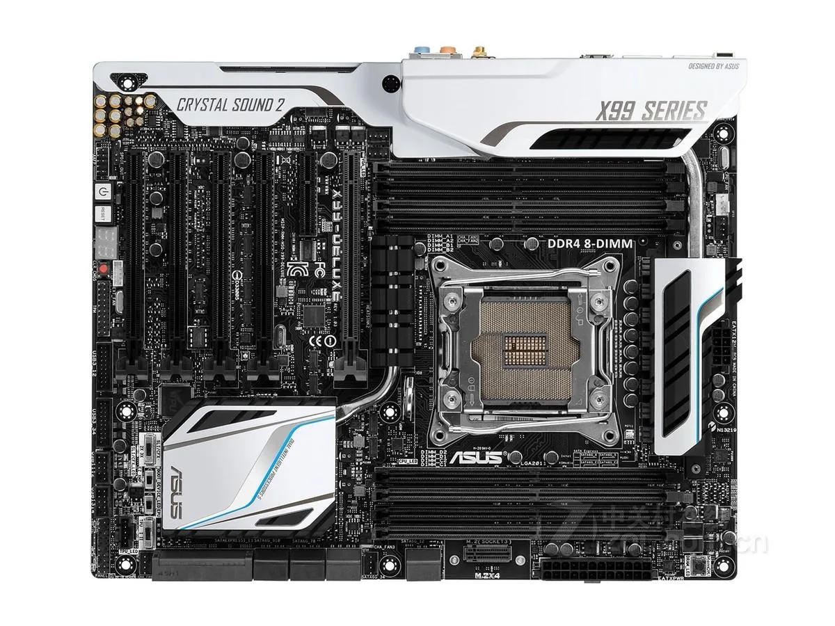 Black ATX motherboard with silver heatsinks and LGA 2011-3 socket