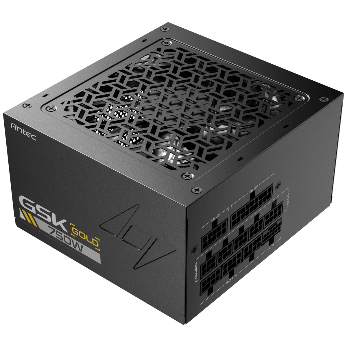 Black rectangular ATX power supply with 120mm fan grille and modular cable sockets