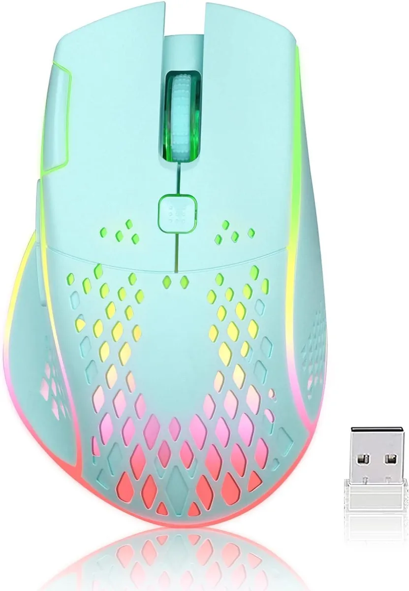 Blue wireless gaming mouse with honeycomb shell and LED lighting