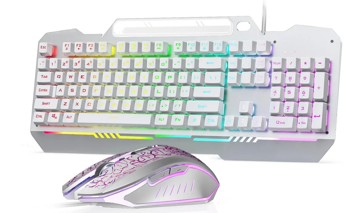 White 104-key membrane keyboard with silver panel and matching ambidextrous optical mouse, both USB wired with RGB backlighting