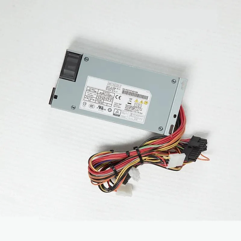Compact 1U ATX power supply unit with matte black metal casing and rear fan grille