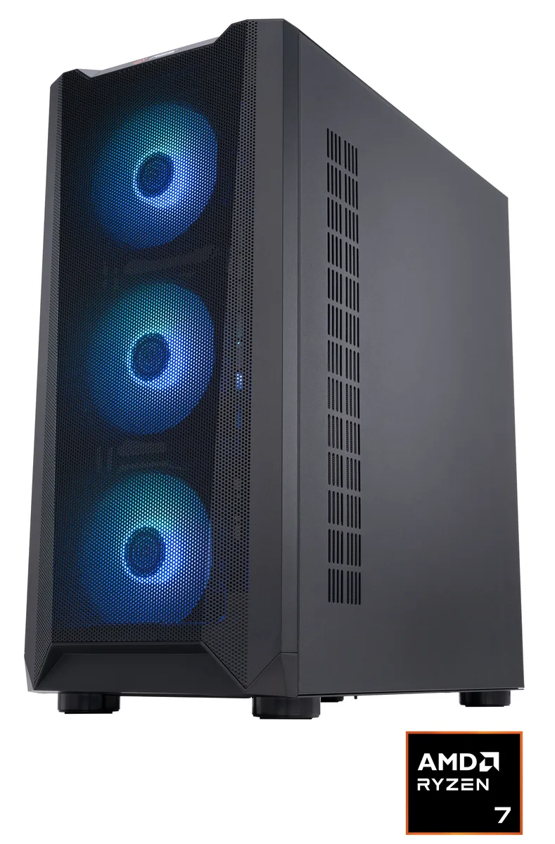 Black mid-tower gaming desktop with RGB liquid cooling and RTX 5090 graphics