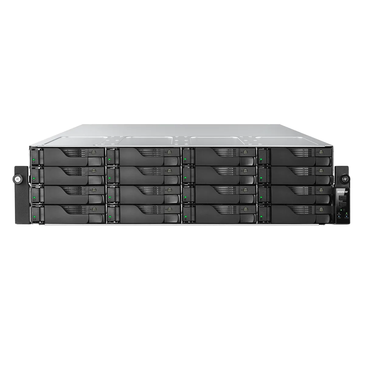 Silver 3U rackmount NAS with sixteen drive bays, dual redundant power supplies and front LCD panel